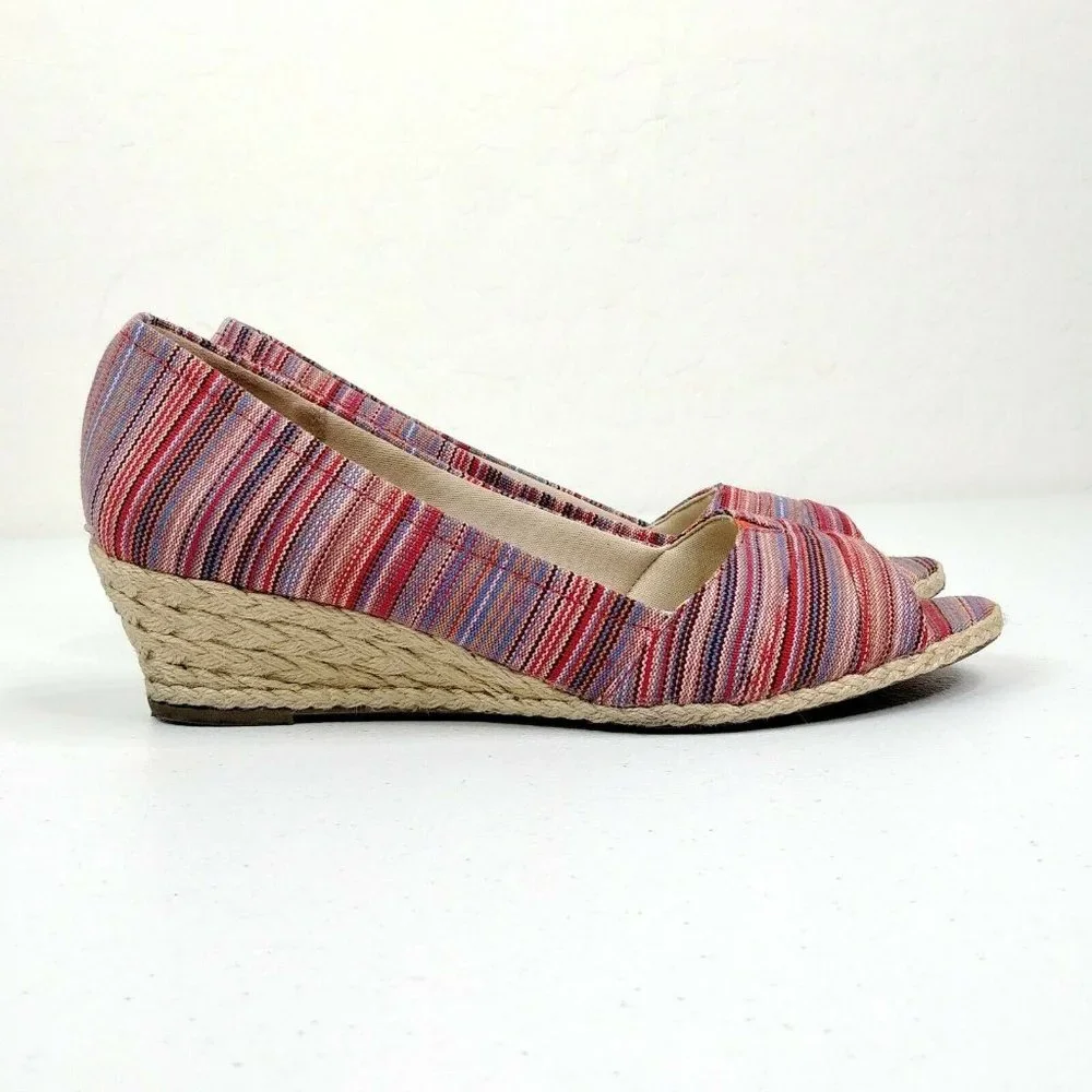 Coach And Four Lucine Stripe Peep Toe Espadrille Wedge Shoes Women's Size 9